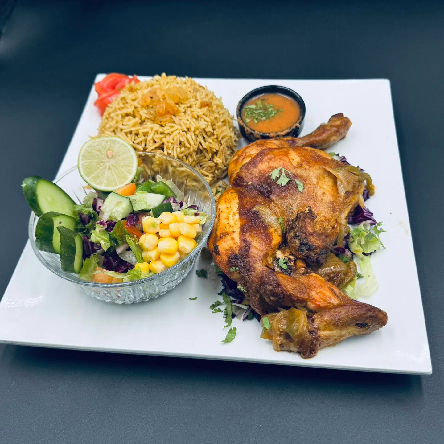 Rice and meat menu item