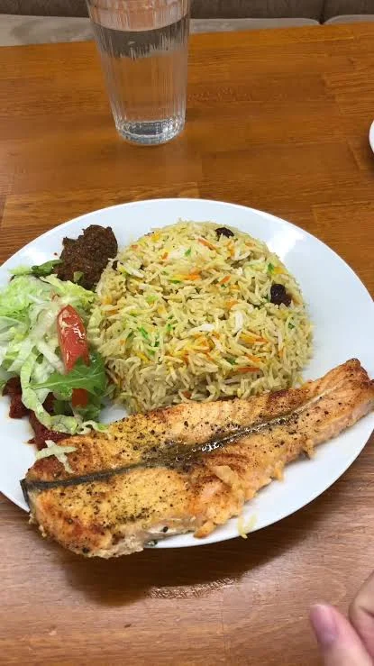 Rice and fish menu item